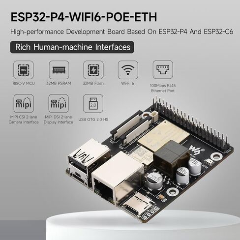 KLAYERS ESP32-P4 WI-FI6 POE ETH KIT، لوحة تطوير عالية الأداء مع ثنائي النواة RISC-V، Blue T 5، PoE، MIPI-CSI/DSI، وذاكرة وصول عشوائي ثابتة 32 ميجابايت لتطبيقات HMI للوسائط المتعددة، مجهزة بكاميرا in Kuwait