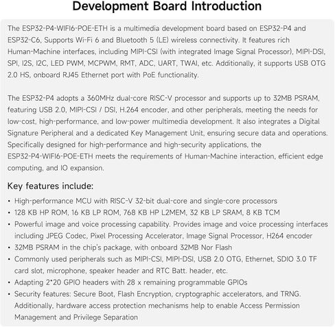 KLAYERS ESP32-P4 WI-FI6 POE ETH KIT، لوحة تطوير عالية الأداء مع ثنائي النواة RISC-V، Blue T 5، PoE، MIPI-CSI/DSI، وذاكرة وصول عشوائي ثابتة 32 ميجابايت لتطبيقات HMI للوسائط المتعددة، مجهزة بكاميرا in Kuwait