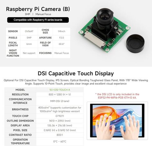 KLAYERS ESP32-P4 WI-FI6 POE ETH KIT، لوحة تطوير عالية الأداء مع ثنائي النواة RISC-V، Blue T 5، PoE، MIPI-CSI/DSI، وذاكرة وصول عشوائي ثابتة 32 ميجابايت لتطبيقات HMI للوسائط المتعددة، مجهزة بكاميرا in Kuwait