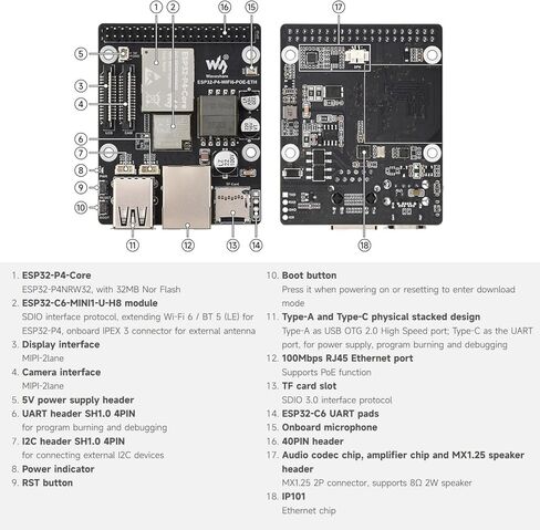 KLAYERS ESP32-P4 WI-FI6 POE ETH KIT، لوحة تطوير عالية الأداء مع ثنائي النواة RISC-V، Blue T 5، PoE، MIPI-CSI/DSI، وذاكرة وصول عشوائي ثابتة 32 ميجابايت لتطبيقات HMI للوسائط المتعددة، مجهزة بكاميرا in Kuwait