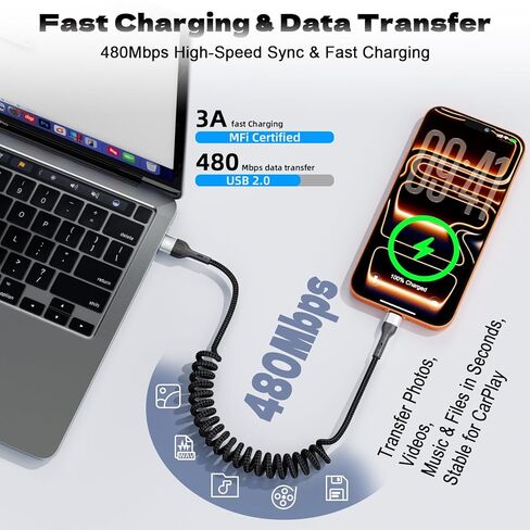 كابل USB A إلى USB C، حزمة من قطعتين بطول 4 أقدام، سلك زنبركي ملفوف قابل للسحب، شحن سريع لـ Apple CarPlay، متوافق مع iPhone 17 16 15 Samsung Galaxy Google Pixel LG in Kuwait