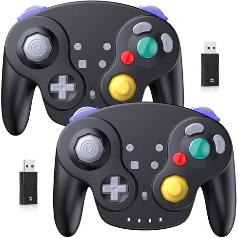 2 حزمة وحدة تحكم USB لاسلكية GameCube مصنوعة للتبديل 1 و 2، مستقبل USB 2.4 جيجا هرتز متوافق مع Switch Online، Windows PC، macOS (اهتزاز مدمج) (قابل لإعادة الشحن) (مشغلات تناظرية / عصا) أسود in Kuwait
