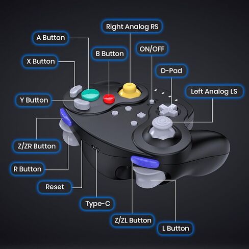 2 حزمة وحدة تحكم USB لاسلكية GameCube مصنوعة للتبديل 1 و 2، مستقبل USB 2.4 جيجا هرتز متوافق مع Switch Online، Windows PC، macOS (اهتزاز مدمج) (قابل لإعادة الشحن) (مشغلات تناظرية / عصا) أسود in Kuwait