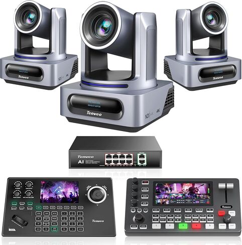 مجموعة/مجموعة كاميرا Tenveo 4K NDI PTZ - 3 كاميرات تتبع AI 20X (SDI/LAN/HDMI/USB3.0)، وحدة تحكم عصا التحكم NDI بشاشة 5 بوصات، محول فيديو 4K HDMI SDI ومحول شبكة Gigabit PoE بـ 8 منافذ in Kuwait