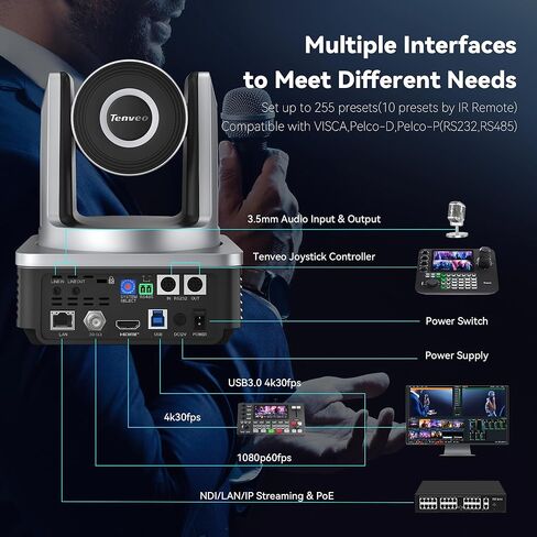 مجموعة/مجموعة كاميرا Tenveo 4K NDI PTZ - 3 كاميرات تتبع AI 20X (SDI/LAN/HDMI/USB3.0)، وحدة تحكم عصا التحكم NDI بشاشة 5 بوصات، محول فيديو 4K HDMI SDI ومحول شبكة Gigabit PoE بـ 8 منافذ in Kuwait