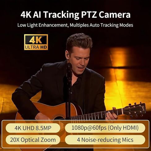 كاميرا 4K PTZ مع 4 ميكروفونات، كاميرا مؤتمرات فيديو بتكبير بصري 20X، تتبع تلقائي مدعوم بالذكاء الاصطناعي وتتبع الصوت والتحكم في الإيماءات، توصيل وتشغيل HDMI/USB 3.0/IP للبث المباشر والمؤتمرات والكنيسة in Kuwait