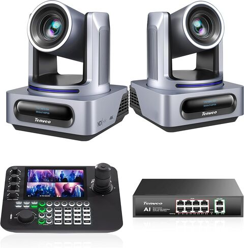 مجموعة/مجموعة كاميرا Tenveo 4K NDI PTZ - عبوتان من كاميرات التتبع AI 20X (SDI/LAN/HDMI/USB3.0)، وحدة تحكم عصا التحكم NDI رباعية الشاشات مقاس 7 بوصات، ومحول شبكة Gigabit PoE بـ 8 منافذ in Kuwait