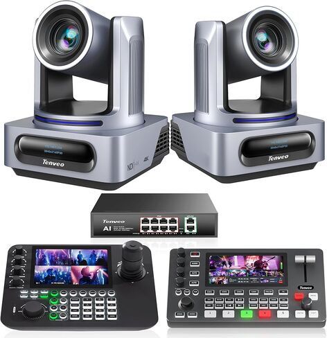 مجموعة/مجموعة كاميرا Tenveo 4K NDI PTZ - عبوتان من كاميرات التتبع AI 20X (SDI/LAN/HDMI/USB3.0)، وحدة تحكم عصا التحكم NDI رباعية الشاشات مقاس 7 بوصة، ومحول فيديو 4K HDMI SDI ومحول شبكة جيجابت PoE بـ 8 منافذ in Kuwait
