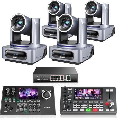 مجموعة/مجموعة كاميرا Tenveo 4K NDI PTZ - 4 كاميرات تتبع AI 20X (SDI/LAN/HDMI/USB3.0)، وحدة تحكم عصا التحكم NDI بشاشة 5 بوصات، محول فيديو 4K HDMI SDI ومحول شبكة Gigabit PoE بـ 8 منافذ in Kuwait