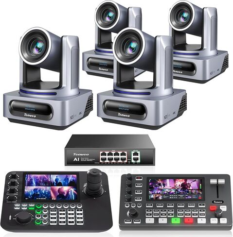 مجموعة/مجموعة كاميرا Tenveo 4K NDI PTZ - 4 كاميرات تتبع AI 20X (SDI/LAN/HDMI/USB3.0)، وحدة تحكم عصا التحكم NDI رباعية الشاشات 7 بوصة، محول فيديو 4K HDMI SDI ومحول شبكة جيجابت PoE بـ 8 منافذ in Kuwait