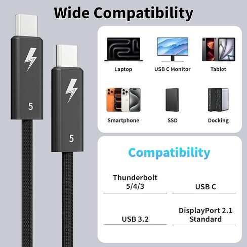 USB 4 Cable for Thunderbolt 5,80Gbps/120Gbps,240W Displays PD3.1 Charging,16K/Dual 8K Video,6.6Feet Braided USBC Cable Compatible for Thunderbolt 4/3,MacBook,iPhone 17/16,Mac Mini,Galaxy S25,SSD,Black in Kuwait