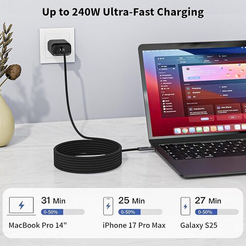 USB 4 Cable for Thunderbolt 5,80Gbps/120Gbps,240W Displays PD3.1 Charging,16K/Dual 8K Video,6.6Feet Braided USBC Cable Compatible for Thunderbolt 4/3,MacBook,iPhone 17/16,Mac Mini,Galaxy S25,SSD,Black in Kuwait