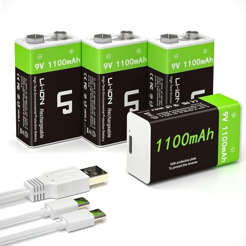 LP 9V Rechargeable Lithium-Ion Batteries 4-Pack 1100mAh, USB-C Charging with 2-in-1 Cable, Long Lasting Battery for Smoke Alarms, Walkie-Talkies, Game Controllers, Microphones and Flashlights in Kuwait