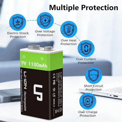 LP 9V Rechargeable Lithium-Ion Batteries 4-Pack 1100mAh, USB-C Charging with 2-in-1 Cable, Long Lasting Battery for Smoke Alarms, Walkie-Talkies, Game Controllers, Microphones and Flashlights in Kuwait