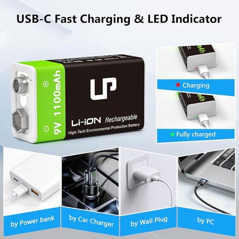 LP 9V Rechargeable Lithium-Ion Batteries 4-Pack 1100mAh, USB-C Charging with 2-in-1 Cable, Long Lasting Battery for Smoke Alarms, Walkie-Talkies, Game Controllers, Microphones and Flashlights in Kuwait