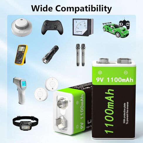 LP 9V Rechargeable Lithium-Ion Batteries 4-Pack 1100mAh, USB-C Charging with 2-in-1 Cable, Long Lasting Battery for Smoke Alarms, Walkie-Talkies, Game Controllers, Microphones and Flashlights in Kuwait