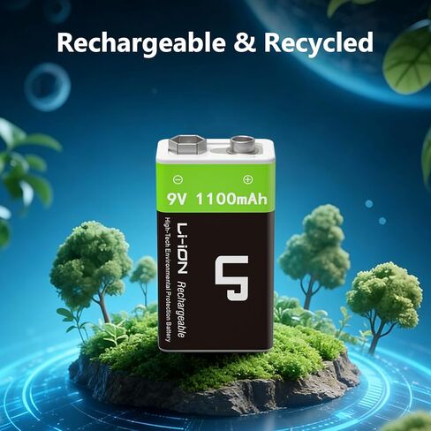 LP 9V Rechargeable Lithium-Ion Batteries 4-Pack 1100mAh, USB-C Charging with 2-in-1 Cable, Long Lasting Battery for Smoke Alarms, Walkie-Talkies, Game Controllers, Microphones and Flashlights in Kuwait