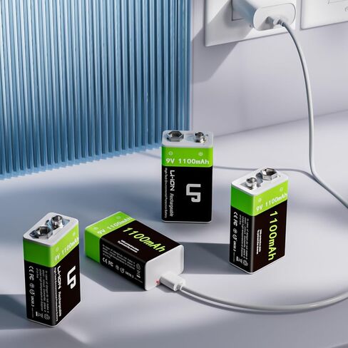 LP 9V Rechargeable Lithium-Ion Batteries 4-Pack 1100mAh, USB-C Charging with 2-in-1 Cable, Long Lasting Battery for Smoke Alarms, Walkie-Talkies, Game Controllers, Microphones and Flashlights in Kuwait