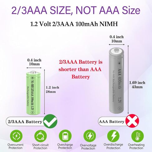 8 بطاريات قابلة لإعادة الشحن 2/3AAA 100 مللي أمبير 1.2 فولت NI-MH، بطارية NIMH 2/3AAA للأضواء الشمسية، إضاءة المناظر الطبيعية، مصباح المسار، الفوانيس، مصباح LED بالطاقة الشمسية DIY (أقصر من حجم AAA) in Kuwait