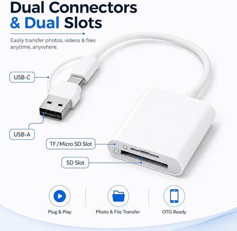 محول قارئ بطاقات USB وUSB C إلى SD/TF، ​​قارئ بطاقات الذاكرة بفتحة مزدوجة، التوصيل والتشغيل OTG نقل سريع للملفات لأجهزة الكمبيوتر المحمول/الهاتف/الكمبيوتر اللوحي in Kuwait