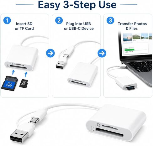 محول قارئ بطاقات USB وUSB C إلى SD/TF، ​​قارئ بطاقات الذاكرة بفتحة مزدوجة، التوصيل والتشغيل OTG نقل سريع للملفات لأجهزة الكمبيوتر المحمول/الهاتف/الكمبيوتر اللوحي in Kuwait