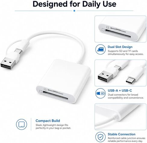 محول قارئ بطاقات USB وUSB C إلى SD/TF، ​​قارئ بطاقات الذاكرة بفتحة مزدوجة، التوصيل والتشغيل OTG نقل سريع للملفات لأجهزة الكمبيوتر المحمول/الهاتف/الكمبيوتر اللوحي in Kuwait