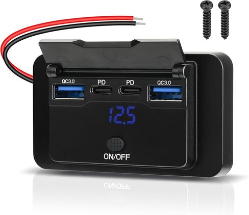 78W 12V USB Outlet Panel Wall Mount with Blue Voltmeter Dual 36W PD & Dual 18W QC3.0 Car USB Port Lightweight 12V USB Charger with ON/Off Switch in Saudi Arabia