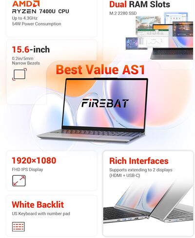 كمبيوتر محمول 15.6 بوصة FHD IPS، AMD Ryzen 7430U (يصل إلى 4.3 جيجا هرتز، 6C/12T)، ذاكرة الوصول العشوائي 16 جيجا بايت 512 جيجا بايت SSD (قابلة للتوسيع إلى 64 جيجا بايت رام، 2 تيرابايت)، لوحة مفاتيح بإضاءة خلفية، 100 وات PD Type-C، RJ45، كمبيوتر محمول للأعم in Kuwait