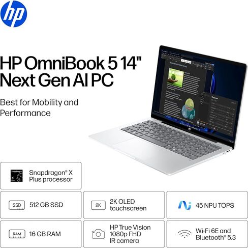 HP OmniBook 5 14 inch Next Gen AI PC, 2K Touchscreen, Snapdragon X Plus X1P- 42-100, 16 GB RAM, 512 GB SSD, Qualcomm Adreno GPU, Windows 11 Home, Copilot+ PC, Glacier Silver, 14-he0000nr in Kuwait