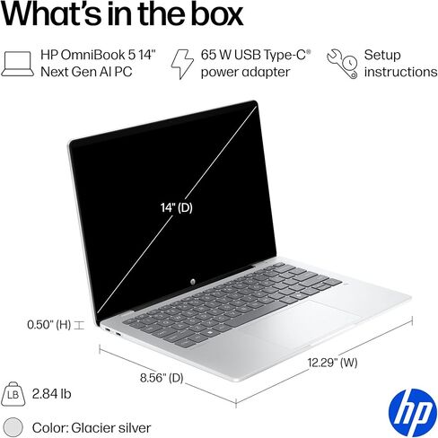HP OmniBook 5 14 inch Next Gen AI PC, 2K Touchscreen, Snapdragon X Plus X1P- 42-100, 16 GB RAM, 512 GB SSD, Qualcomm Adreno GPU, Windows 11 Home, Copilot+ PC, Glacier Silver, 14-he0000nr in Kuwait