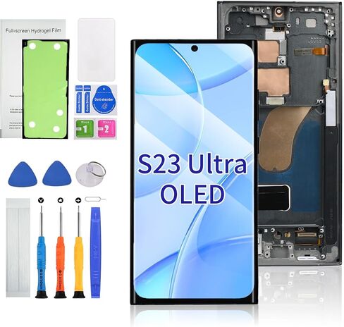 قطعة بديلة لشاشة OLED لهاتف Samsung Galaxy S23 Ultra 5G (SM-S918U/S918A/S918W) مجموعة عرض رقمية تعمل باللمس مقاس 6.78 بوصة مع إطار، متوافقة مع بصمات الأصابع، مجموعة أدوات إصلاح باللون الأخضر in Kuwait