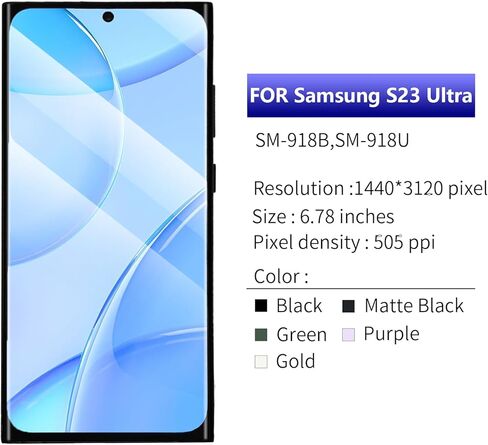 قطعة بديلة لشاشة OLED لهاتف Samsung Galaxy S23 Ultra 5G (SM-S918U/S918A/S918W) مجموعة عرض رقمية تعمل باللمس مقاس 6.78 بوصة مع إطار، متوافقة مع بصمات الأصابع، مجموعة أدوات إصلاح باللون الأخضر in Kuwait