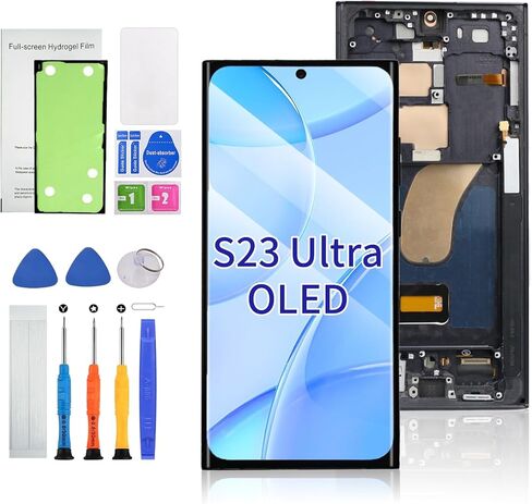 قطعة بديلة لشاشة OLED لهاتف Samsung Galaxy S23 Ultra 5G (SM-S918U/S918A/S918W) مجموعة عرض رقمية تعمل باللمس مقاس 6.78 بوصة مع إطار، متوافقة مع بصمات الأصابع، مجموعة أدوات إصلاح باللون الأخضر in Kuwait
