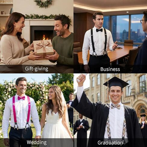 HISDERN Bow Tie and Suspenders for Men Suspender and Bowtie Handkerchief Set Adjustable Y Shape 6 Clips Wedding Brace in Kuwait