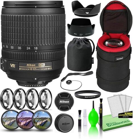 حزمة عدسة Nikon AF-S DX NIKKOR مقاس 18-105 مم f/3.5-5.6G ED VR طراز الولايات المتحدة الأمريكية (2179) مع حافظة عدسة مبطنة + طقم مرشح ماكرو + فلاتر عدسات UV وCPL وFL + غطاء توليب + حافظة غطاء العدسة + مجموعة تنظيف in Kuwait