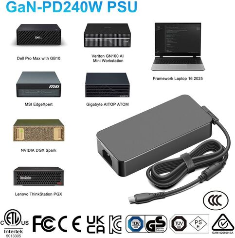 محول طاقة 240 واط USB C GaN PD3.1 شاحن سريع 48 فولت 5 أمبير لأجهزة الكمبيوتر العملاقة AI، NVIDIA DGX Spark، إطار كمبيوتر محمول 16، أجهزة الكمبيوتر المحمولة Dell HP MSI ASUS Lenovo Gaming، محطة إرساء Thunderbolt 5/4 PSU in Kuwait