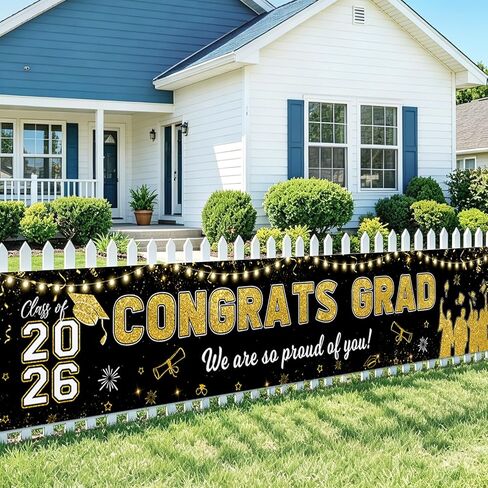 لافتة MEHOFOND Congrats Grad، كبيرة 2026 زينة التخرج، لافتة ساحة، فئة الذهب الأسود لعام 2026 ديكورات حفلات التخرج، التخرج 2026، حديقة الحديقة، لوازم الصور الداخلية والخارجية in Kuwait