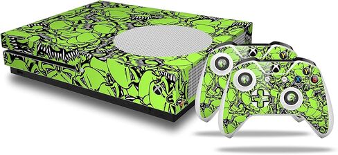 غلاف لاصق من الفينيل متوافق مع وحدة التحكم وأجهزة التحكم Xbox One S - Scattered Skulls Neon Green in Kuwait