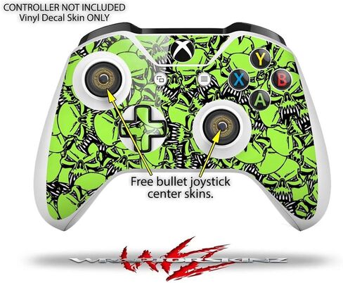 غلاف لاصق من الفينيل متوافق مع وحدة التحكم وأجهزة التحكم Xbox One S - Scattered Skulls Neon Green in Kuwait
