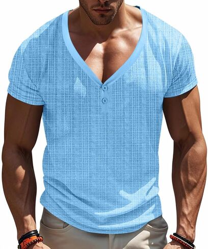 Mens Casual Deep V-Neck T-Shirts Henley Shirt Dry Fit Short Sleeve Mens Casual Waffle Textural Summer T-Shirt in Saudi Arabia