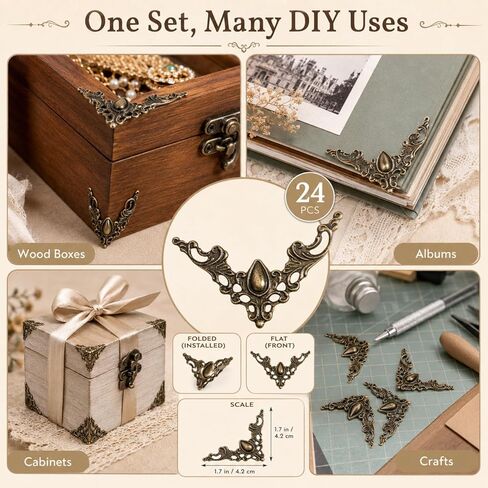 jojofuny 24Pcs Vintage Metal Corner Protectors, 1.7 Inch Antique Bronze Decorative Corner Appliques for Jewelry Box, Wooden Chest, Scrapbook Album, Cabinet, DIY Craft Embellishments in Kuwait