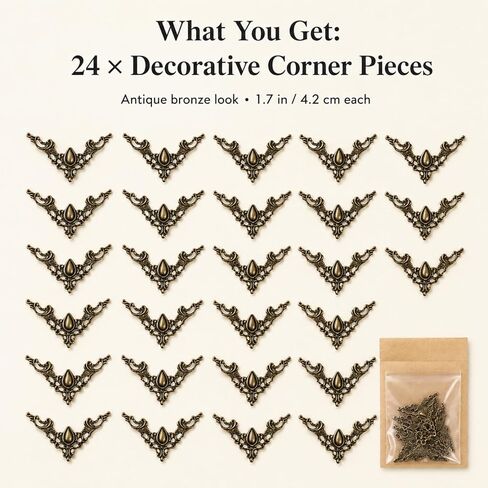 jojofuny 24Pcs Vintage Metal Corner Protectors, 1.7 Inch Antique Bronze Decorative Corner Appliques for Jewelry Box, Wooden Chest, Scrapbook Album, Cabinet, DIY Craft Embellishments in Kuwait