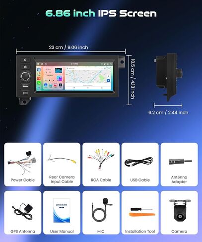 8 Core 4+64G 6.86'' Car Radio for Dodge Ram 1500 94-01,Caravan 84-00,Jeep Grand Cherokee 93-98, Wrangler 97-02,Dakota 87-00,Touchscreen Stereo CarPlay Android Auto GPS BT WiFi FM/RDS Rear View Cam in Kuwait