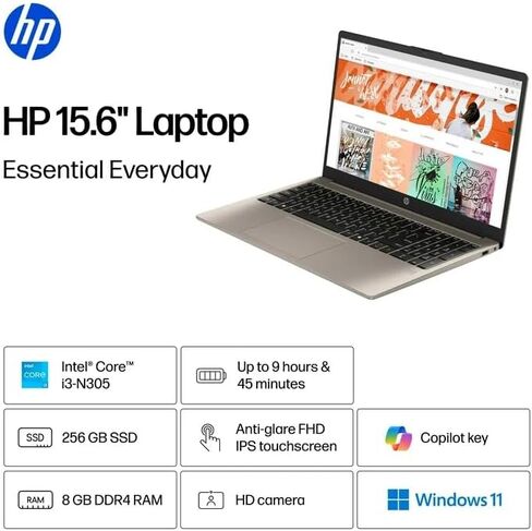 HP 15.6'' FHD IPS Touch Laptop, Intel Core i3-N305 Processor, 8GB DDR4, 256GB SSD, Windows 11 Home, WiFi 6, Bluetooth, Copilot AI, Cozy Cashmere, 15-fd0230wm in Kuwait