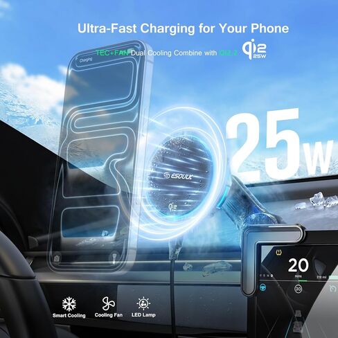 [ترقية 2026] شاحن سيارة لاسلكي سريع Qi2 بقدرة 25 وات لطراز Tesla 3/Y، حامل هاتف مغناطيسي مع مروحة تبريد نشطة، حامل شاشة لوحة القيادة لأجهزة iPhone وAndroid in Kuwait