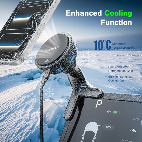 [ترقية 2026] شاحن سيارة لاسلكي سريع Qi2 بقدرة 25 وات لطراز Tesla 3/Y، حامل هاتف مغناطيسي مع مروحة تبريد نشطة، حامل شاشة لوحة القيادة لأجهزة iPhone وAndroid in Kuwait