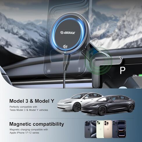 [ترقية 2026] شاحن سيارة لاسلكي سريع Qi2 بقدرة 25 وات لطراز Tesla 3/Y، حامل هاتف مغناطيسي مع مروحة تبريد نشطة، حامل شاشة لوحة القيادة لأجهزة iPhone وAndroid in Kuwait