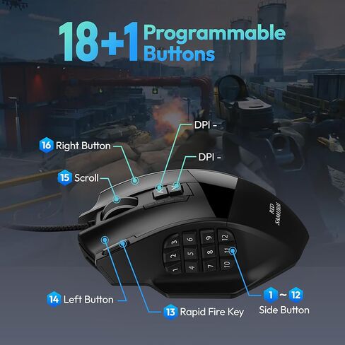 RED SAMURAI Wired Gaming Mouse, MMO Gaming Mouse 16400DPI, 18 Macro Programable Buttons, Ergonomic RGB Wired Mouse with 12 Side Buttons, Weight Adjustable, Stable Grip, Compatible for MMO/FPS/MOBA in Kuwait