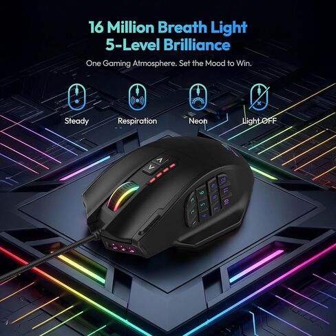 RED SAMURAI Wired Gaming Mouse, MMO Gaming Mouse 16400DPI, 18 Macro Programable Buttons, Ergonomic RGB Wired Mouse with 12 Side Buttons, Weight Adjustable, Stable Grip, Compatible for MMO/FPS/MOBA in Kuwait