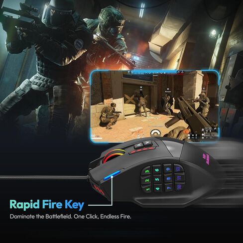 RED SAMURAI Wired Gaming Mouse, MMO Gaming Mouse 16400DPI, 18 Macro Programable Buttons, Ergonomic RGB Wired Mouse with 12 Side Buttons, Weight Adjustable, Stable Grip, Compatible for MMO/FPS/MOBA in Kuwait